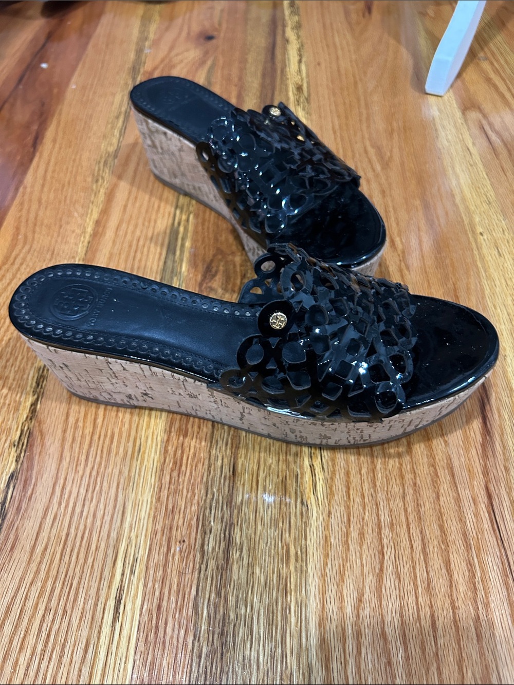 Tory Burch Black Patent Floral Cutout Cork Wedge Slides